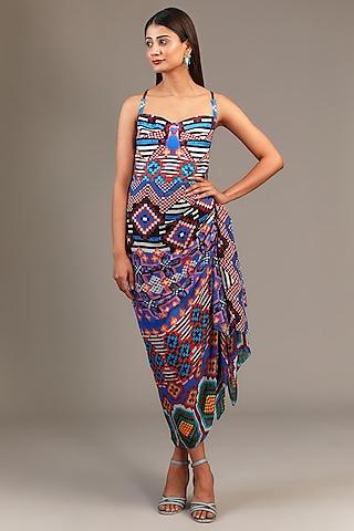 multi-colored satin & chiffon ikat printed draped midi dress