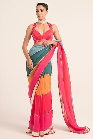 multi-colored satin & organza gota embroidered saree set