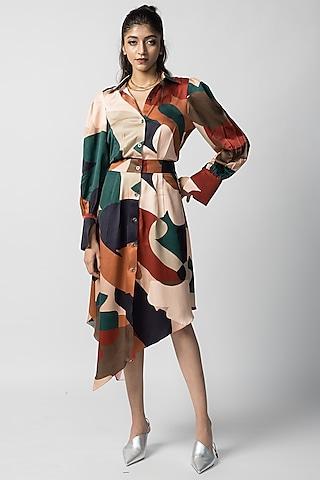 multi-colored satin asymmetrical shirt dress