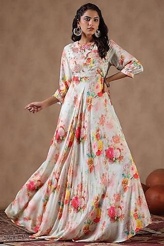 multi-colored satin floral printed gown