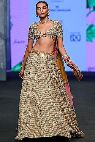 multi-colored satin organza printed & embroidered lehenga set