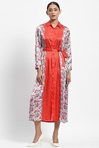 multi-colored satin printed midi dress