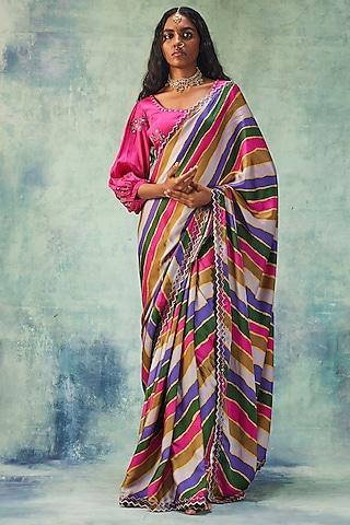 multi-colored satin silk stripe printed & resham work saree set