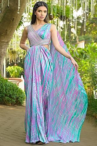 multi-colored satin silk thread embroidered cut-out gown saree