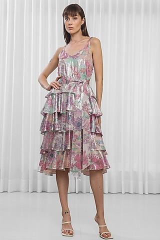 multi-colored sequins printed & embroidered layered dress