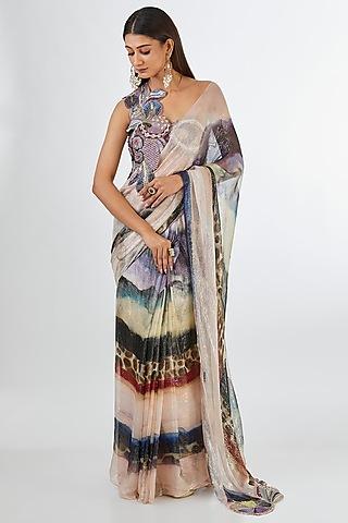 multi-colored sequins tulle applique embroidered pre-draped saree set