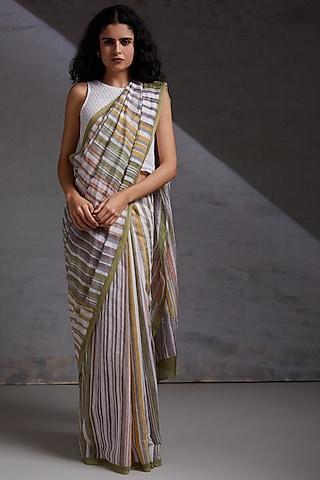 multi-colored silk chanderi block printed saree
