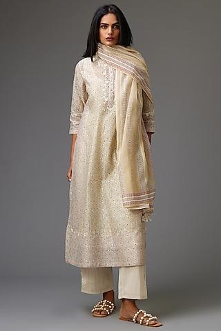 multi-colored silk chanderi printed & embroidered kurta set