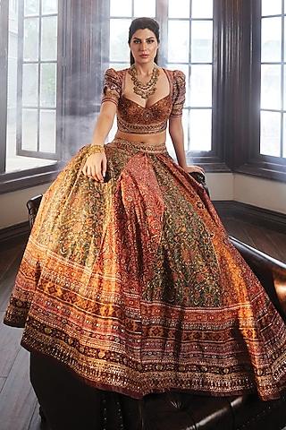 multi-colored silk chanderi printed lehenga set