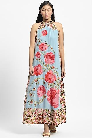multi-colored silk crepe embellished & printed maxi dress