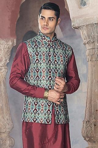 multi-colored silk dupion printed & embroidered nehru jacket