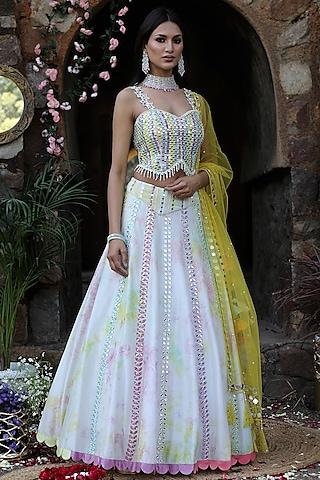 multi-colored silk embroidered tie-dye lehenga set