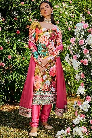 multi-colored silk floral printed kurta set