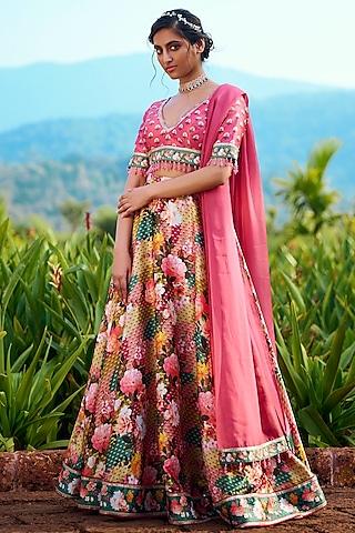 multi-colored silk floral printed lehenga set