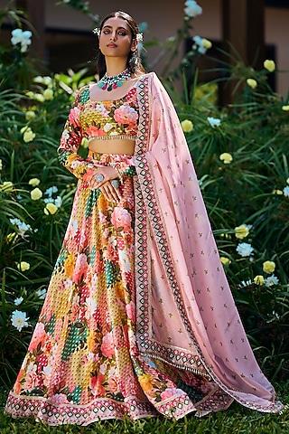 multi-colored silk floral printed lehenga set