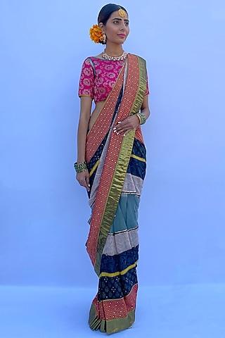 multi-colored silk georgette & silk brocade hand block printed saree set