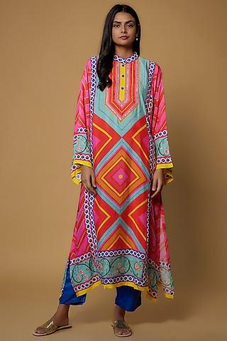 multi-colored silk hand embroidered kurta set