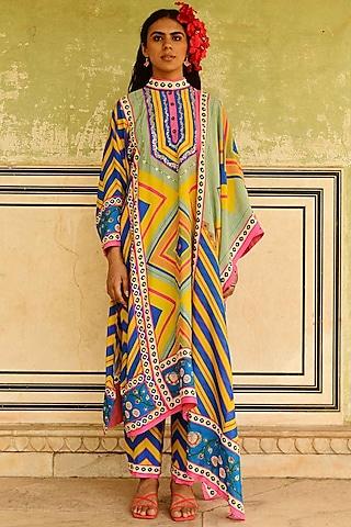 multi-colored silk printed & embroidered kurta set