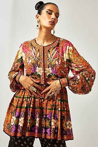 multi-colored silk printed & embroidered tunic