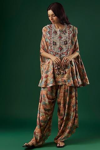 multi-colored silk printed & thread embroidered cape set