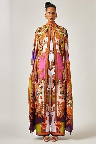 multi-colored silk printed front open cape