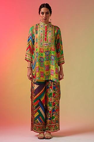 multi-colored silk printed high-low tunic set