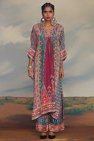 multi-colored silk printed kimono tunic set