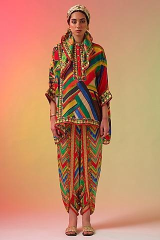 multi-colored silk printed short tunic set