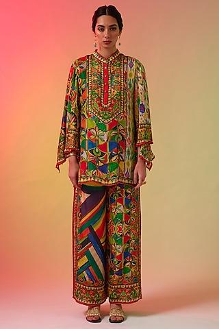 multi-colored silk printed tunic set