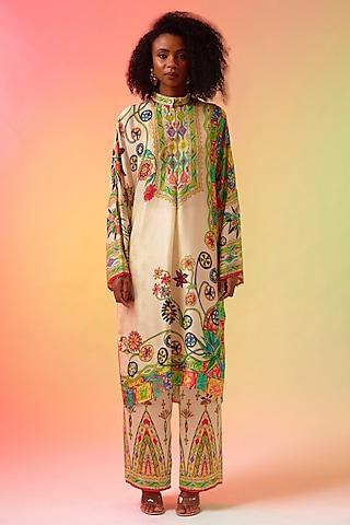 multi-colored silk printed tunic set