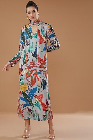 multi-colored silk satin crepe printed dress