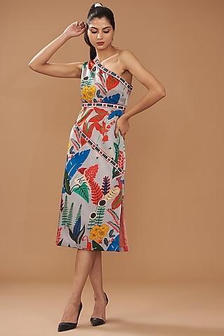 multi-colored silk satin crepe printed midi dress