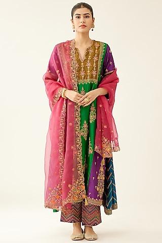 multi-colored silk thread embroidered kurta set