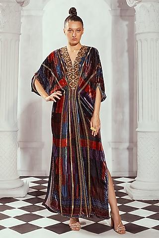 multi-colored silk velvet hand embroidered kaftan