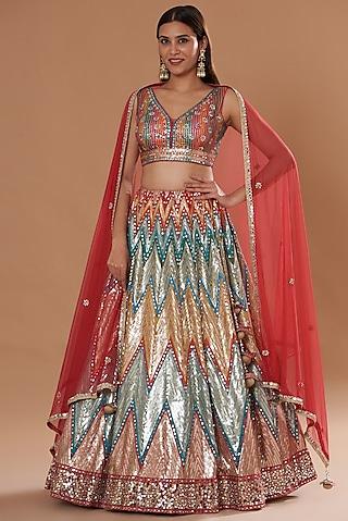 multi-colored soft net embroidered lehenga set