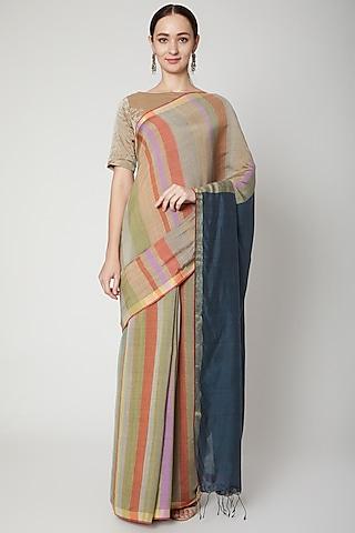 multi colored striped handloom saree set