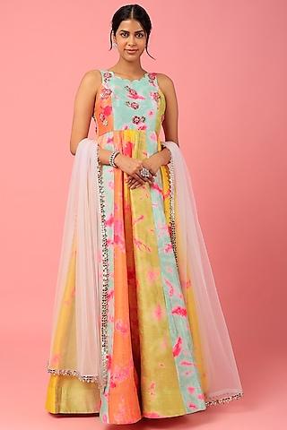 multi-colored tie-dye printed anarkali set