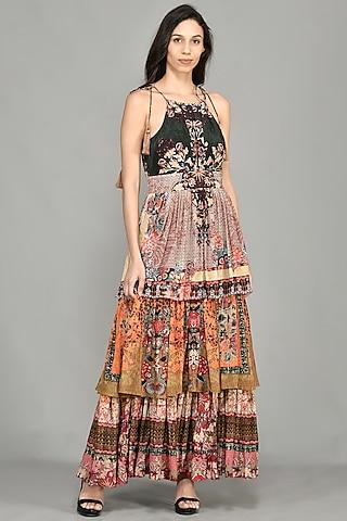 multi-colored tiered maxi dress with print