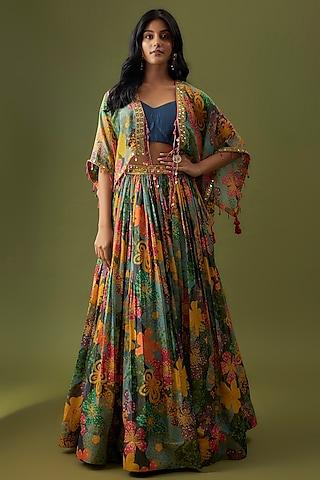 multi-colored tissue organza digital printed jacket lehenga set