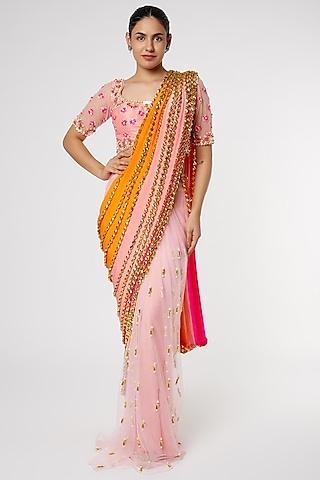 multi-colored tulle & crepe pre-stitched saree set