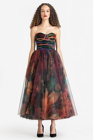 multi-colored tulle dahlia printed midi dress