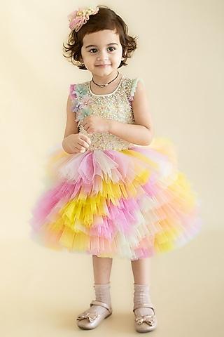 multi-colored tulle net hand embroidered layered dress for girls