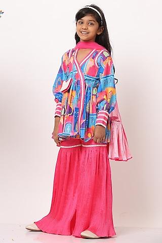 multi-colored twill silk mirror lace work sharara set for girls