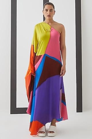 multi-colored vegan silk printed one-shoulder maxi dress