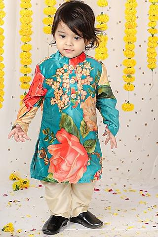 multi-colored velvet floral printed kurta set for boys