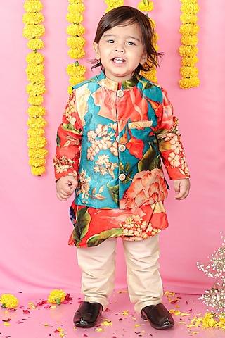 multi-colored velvet floral printed kurta set for boys
