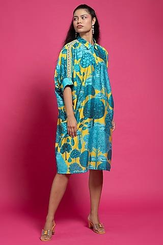 multi-colored viscose cotton chanderi printed shirt dress