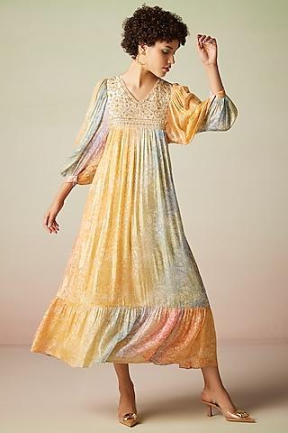 multi-colored viscose lurex georgette printed kaftan dress