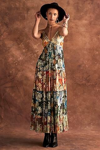 multi-colored viscose lurex georgette printed spaghetti dress