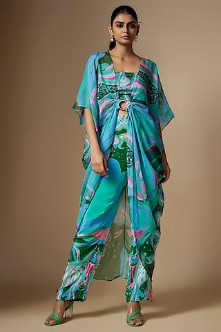 multi-colored viscose organza digital printed ring cape set